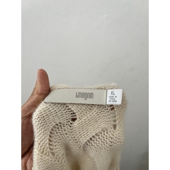 Vintage I Magnin Cashmere Wavy Scoop Neck Pattern Cream Pullover Sweater XL - Picture 3 of 5